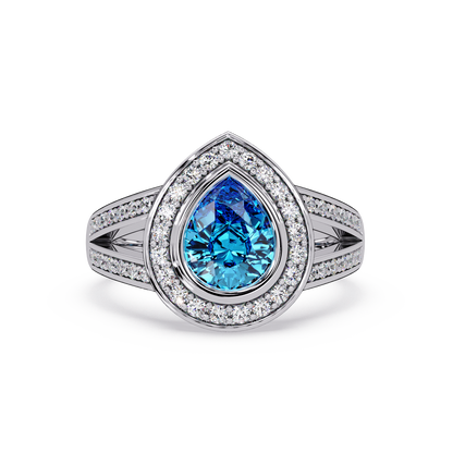 1.1 CTW Pear Halo Split-Shank Colorstone Ring with Aquamarine Blue center in 14K White Gold – Lunéa Paris