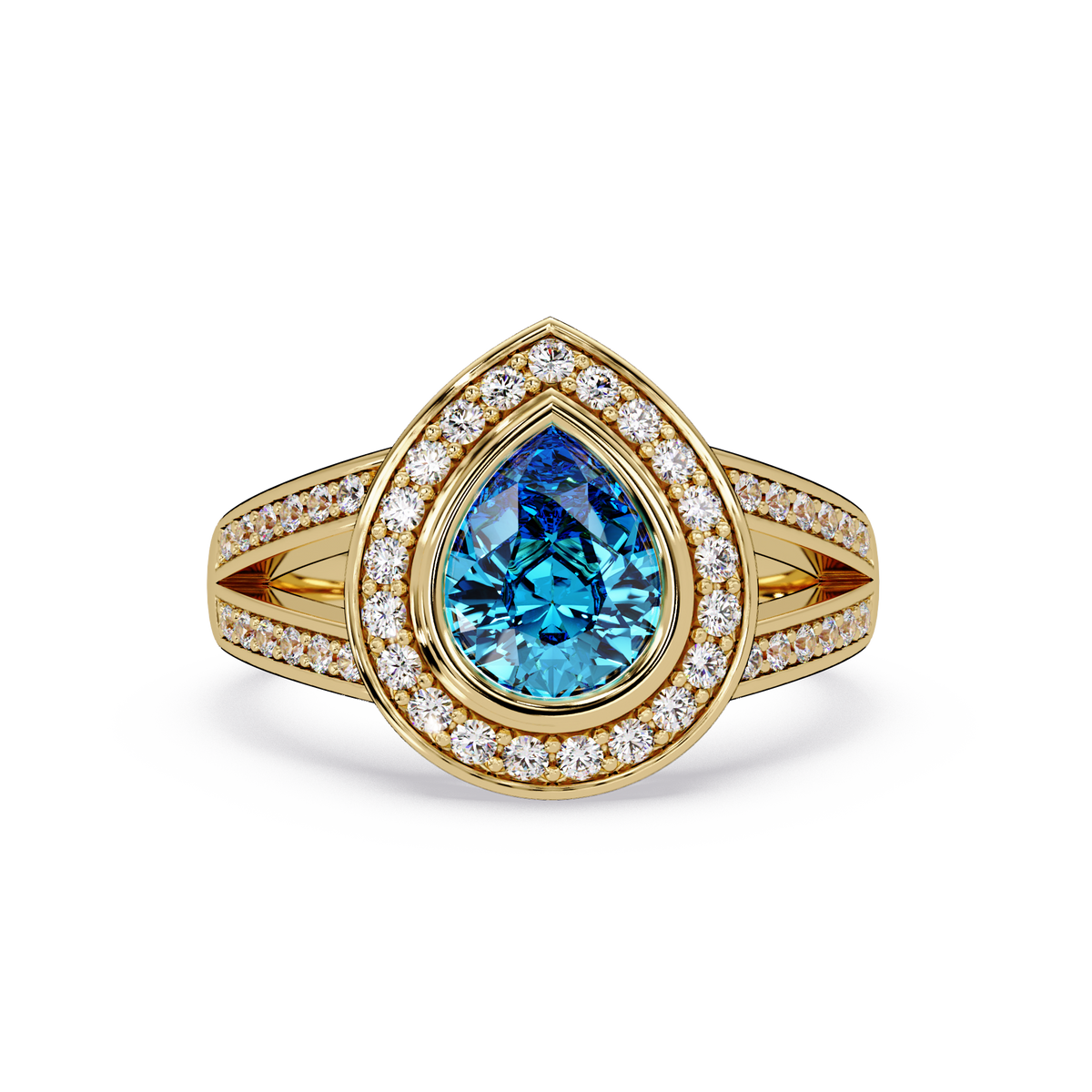 1.1 CTW Pear Halo Split-Shank Pavé Colorstone Ring with Aquamarine Blue center in 14K Yellow Gold – Lunéa Paris