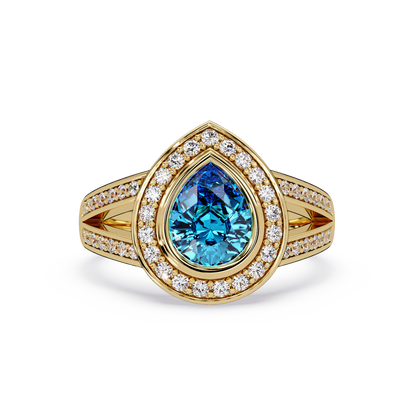 1.1 CTW Pear Halo Split-Shank Colorstone Ring with Aquamarine Blue center in 14K Yellow Gold – Lunéa Paris