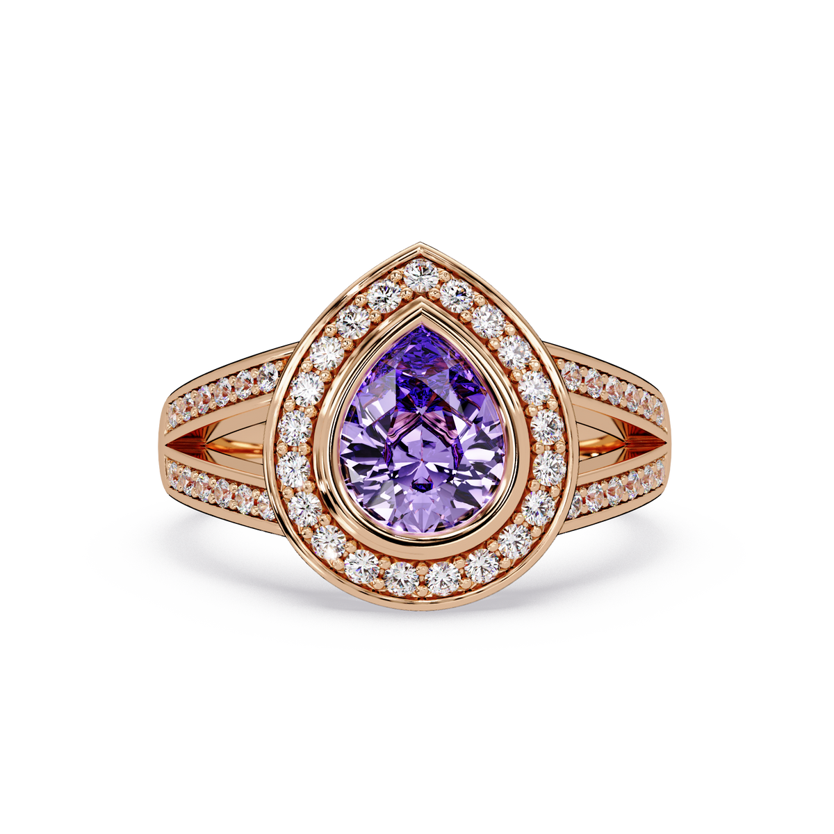 1.1 CTW Pear Halo Split-Shank Pavé Colorstone Ring with Amethyst Purple center in 14K Rose Gold – Lunéa Paris