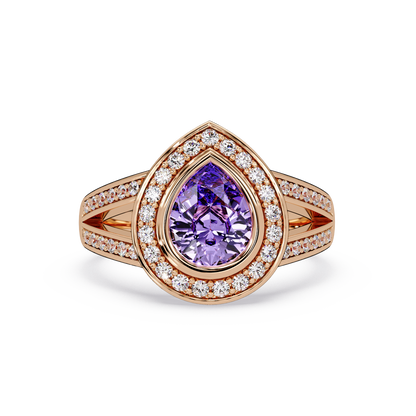 1.1 CTW Pear Halo Split-Shank Pavé Colorstone Ring with Amethyst Purple center in 14K Rose Gold – Lunéa Paris