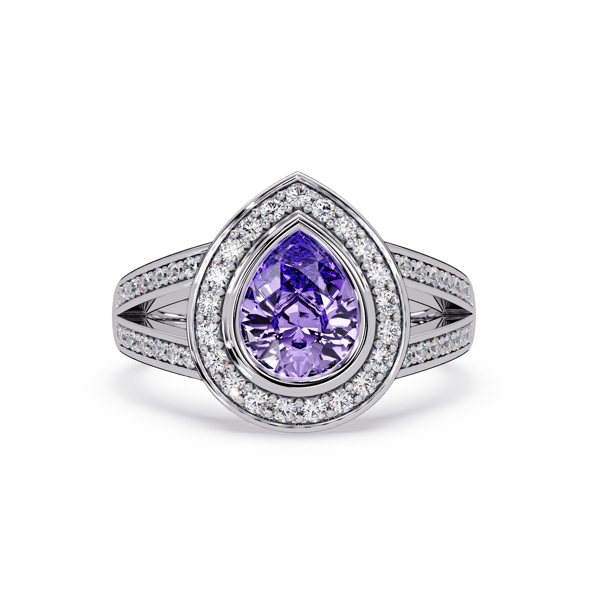 1.1 CTW Pear Halo Split-Shank Pavé Colorstone Ring with Amethyst Purple center in 14K White Gold – Lunéa Paris