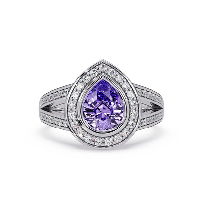 1.1 CTW Pear Halo Split-Shank Colorstone Ring with Amethyst Purple center in 14K White Gold – Lunéa Paris