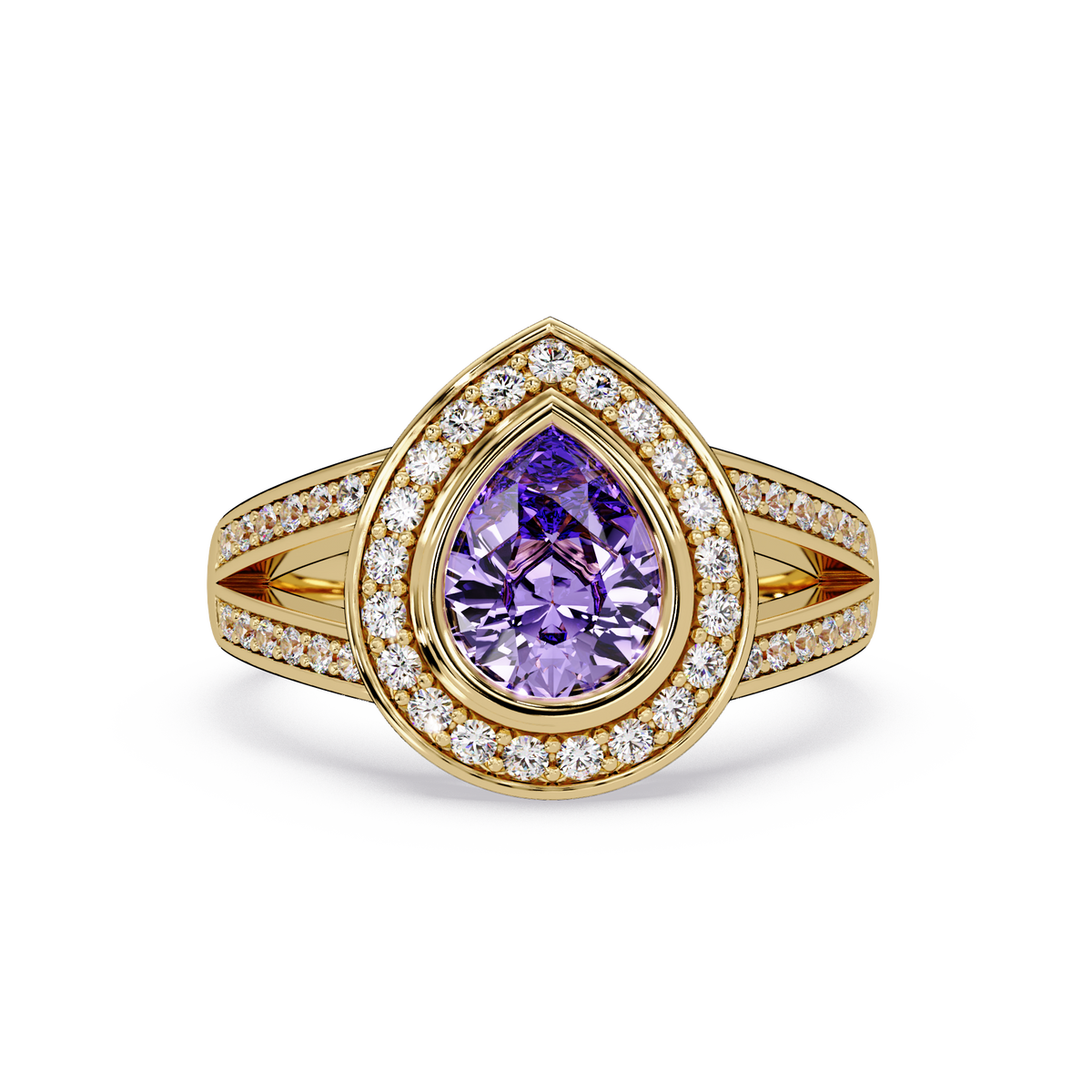 1.1 CTW Pear Halo Split-Shank Pavé Colorstone Ring with Amethyst Purple center in 14K Yellow Gold – Lunéa Paris