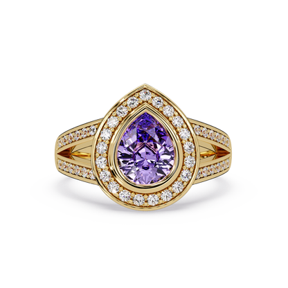1.1 CTW Pear Halo Split-Shank Colorstone Ring with Amethyst Purple center in 14K Yellow Gold – Lunéa Paris