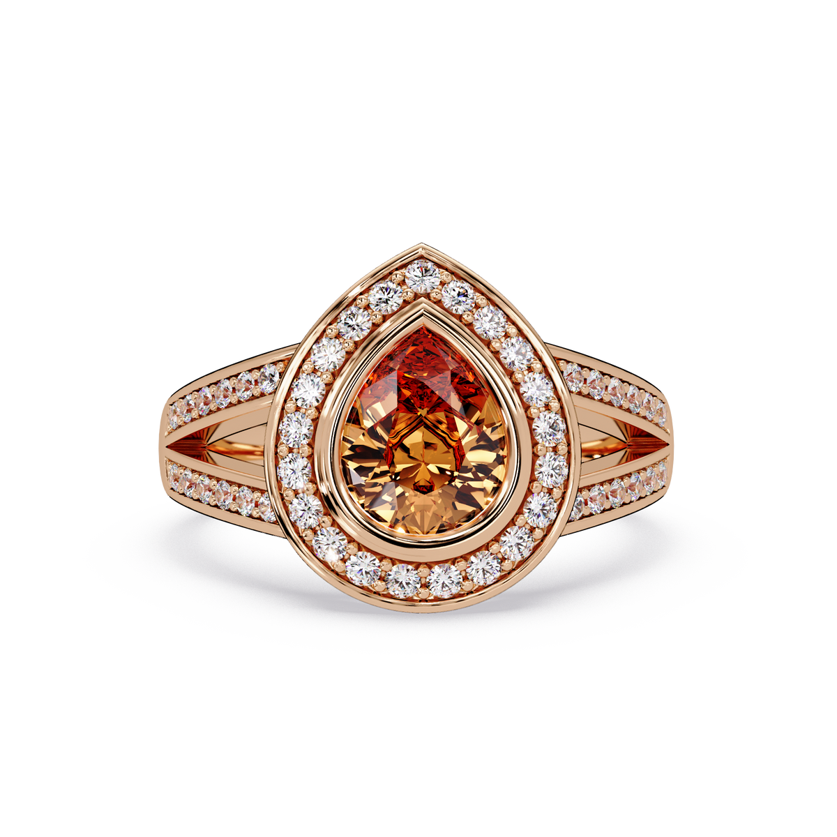 1.1 CTW Pear Halo Split-Shank Pavé Colorstone Ring with Champagne Topaz center in 14K Rose Gold – Lunéa Paris