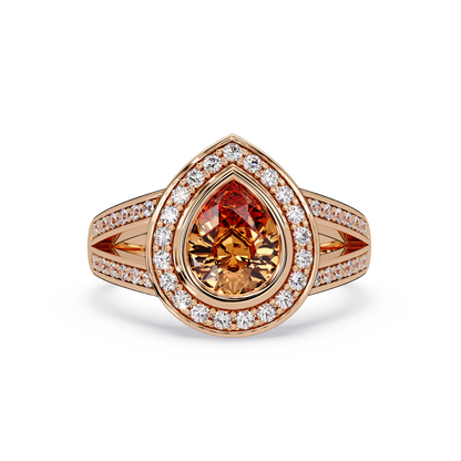 1.1 CTW Pear Halo Split-Shank Pavé Colorstone Ring with Champagne Topaz center in 14K Rose Gold – Lunéa Paris