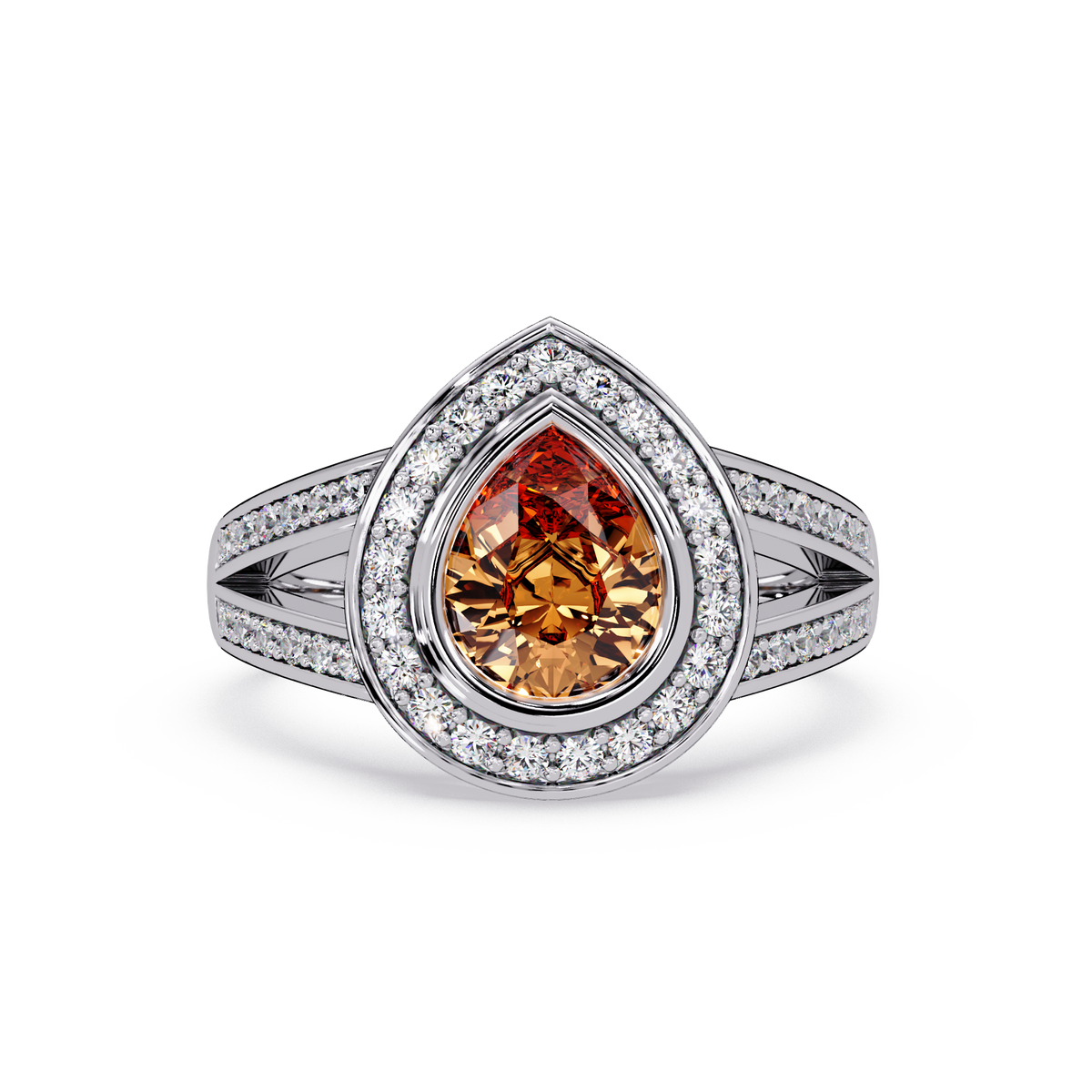 1.1 CTW Pear Halo Split-Shank Pavé Colorstone Ring with Champagne Topaz center in 14K White Gold – Lunéa Paris