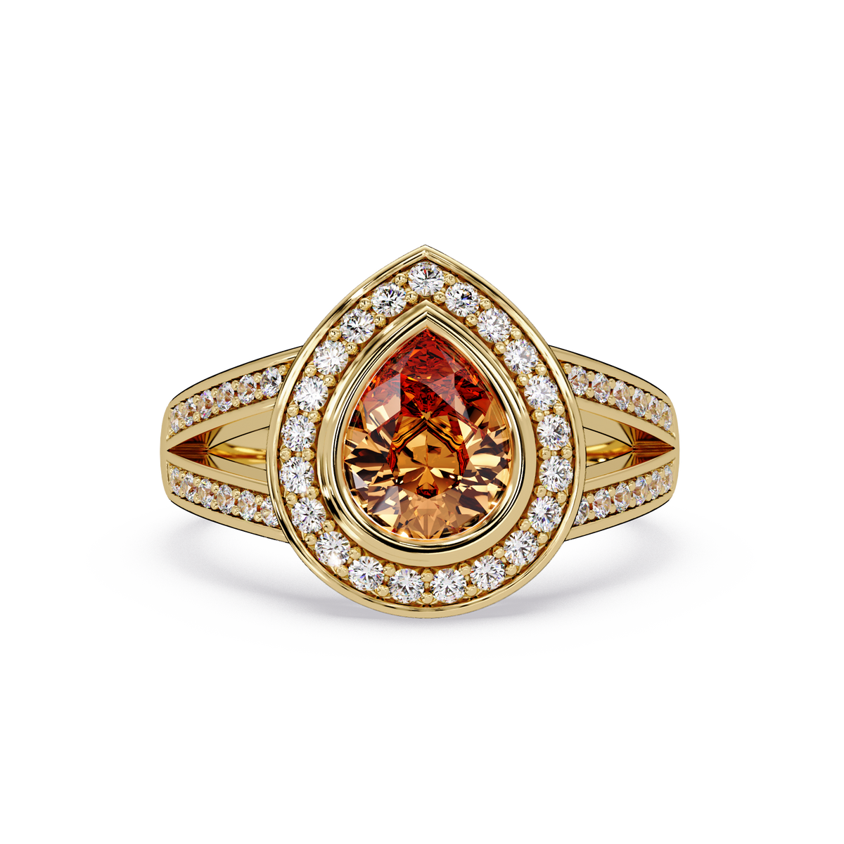 1.1 CTW Pear Halo Split-Shank Pavé Colorstone Ring with Champagne Topaz center in 14K Yellow Gold – Lunéa Paris