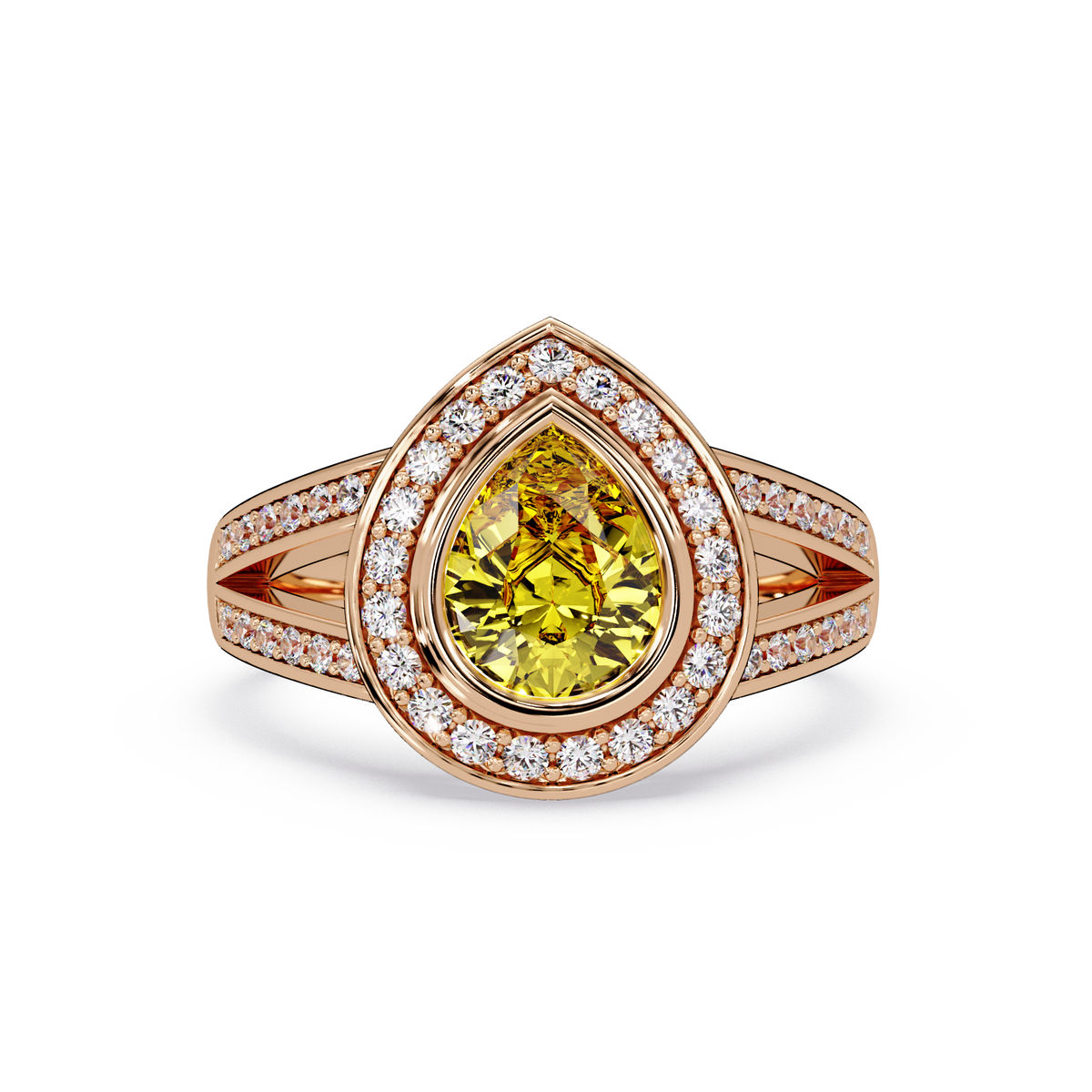 1.1 CTW Pear Halo Split-Shank Pavé Colorstone Ring with Citrine Yellow center in 14K Rose Gold – Lunéa Paris