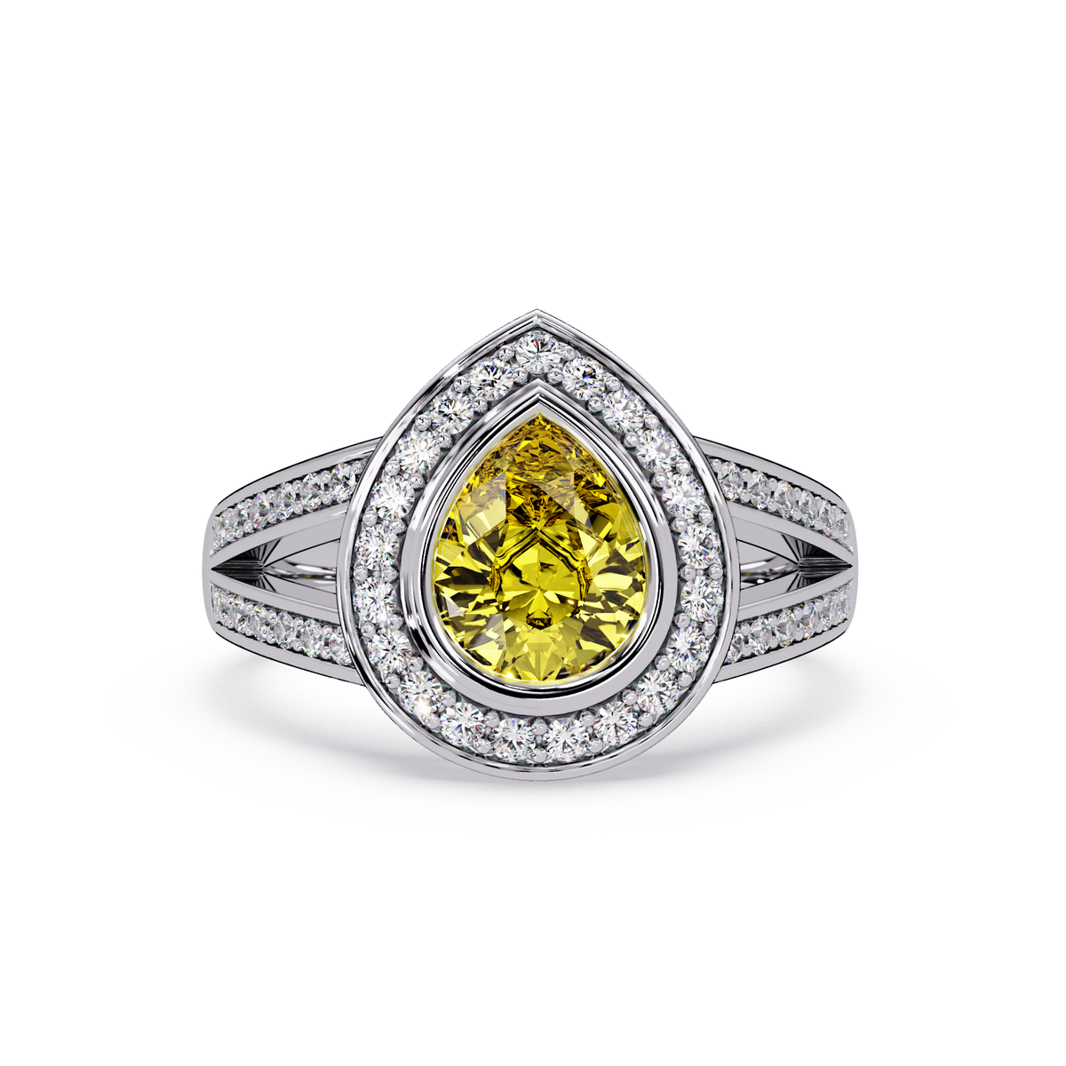 1.1 CTW Pear Halo Split-Shank Pavé Colorstone Ring with Citrine Yellow center in 14K White Gold – Lunéa Paris
