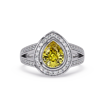 1.1 CTW Pear Halo Split-Shank Pavé Colorstone Ring with Citrine Yellow center in 14K White Gold – Lunéa Paris