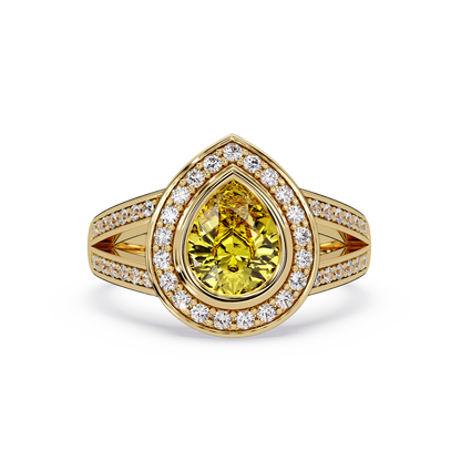 1.1 CTW Pear Halo Split-Shank Pavé Colorstone Ring with Citrine Yellow center in 14K Yellow Gold – Lunéa Paris