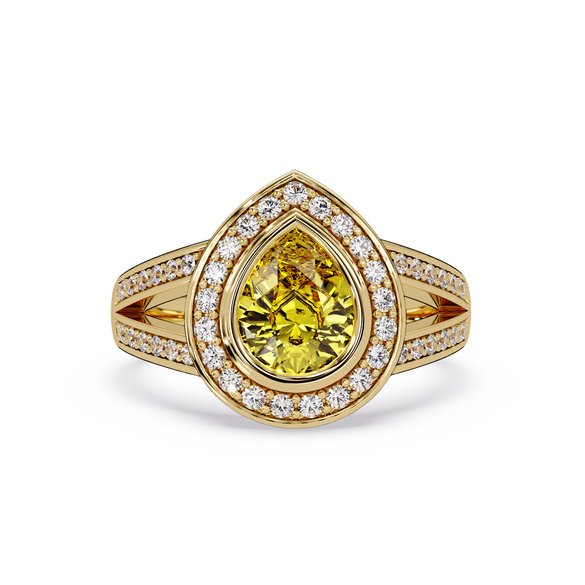 1.1 CTW Pear Halo Split-Shank Colorstone Ring with Citrine Yellow center in 14K Yellow Gold – Lunéa Paris