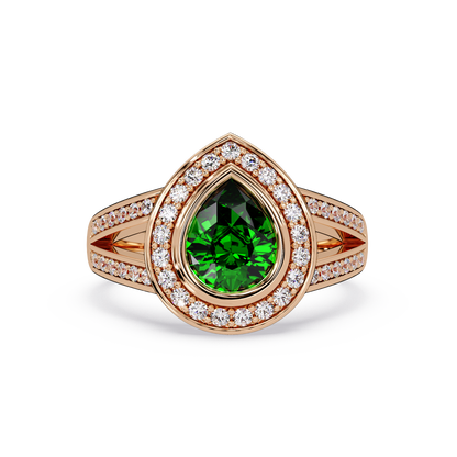 1.1 CTW Pear Halo Split-Shank Colorstone Ring with Emerald Green center in 14K Rose Gold – Lunéa Paris