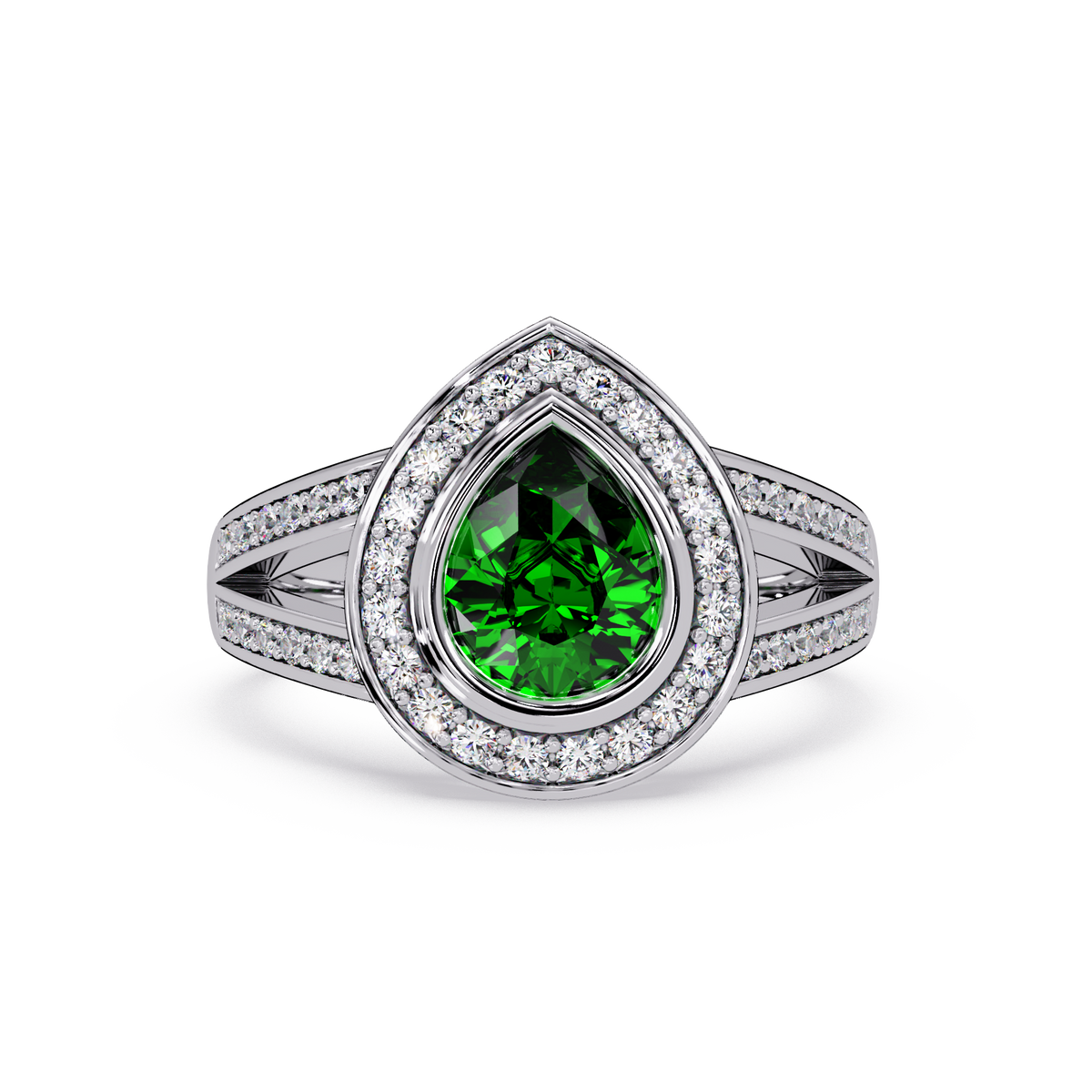 1.1 CTW Pear Halo Split-Shank Pavé Colorstone Ring with Emerald Green center in 14K White Gold – Lunéa Paris