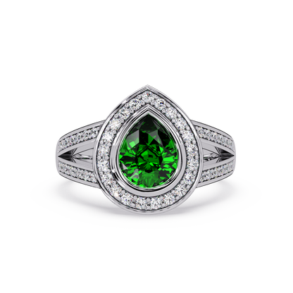 1.1 CTW Pear Halo Split-Shank Colorstone Ring with Emerald Green center in 14K White Gold – Lunéa Paris