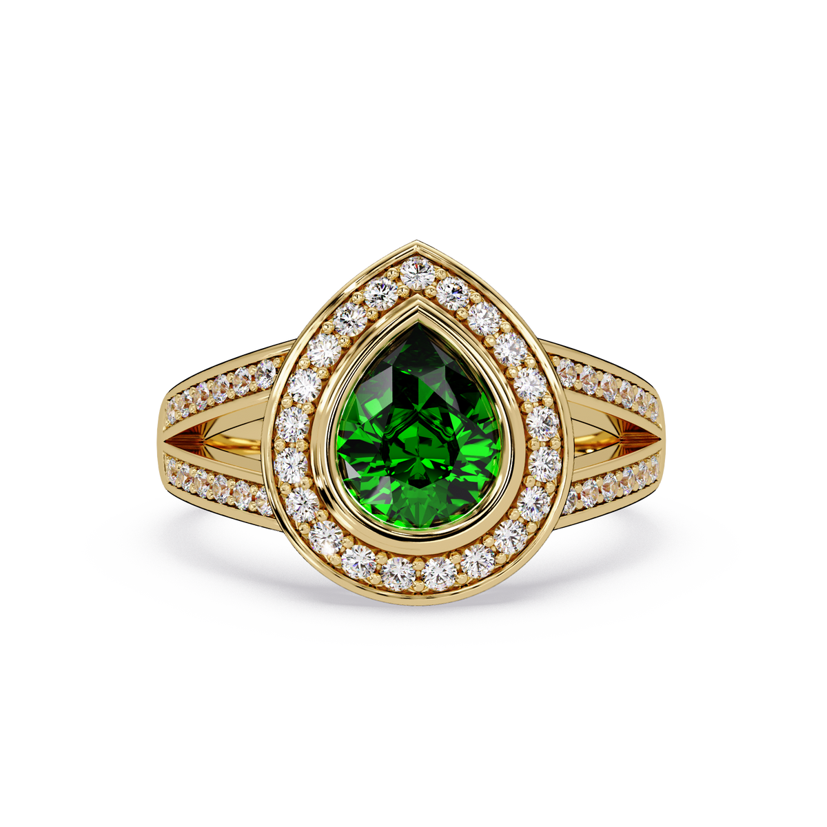 1.1 CTW Pear Halo Split-Shank Pavé Colorstone Ring with Emerald Green center in 14K Yellow Gold – Lunéa Paris