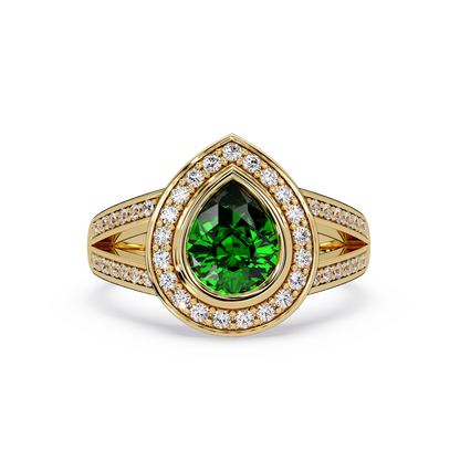 1.1 CTW Pear Halo Split-Shank Pavé Colorstone Ring with Emerald Green center in 14K Yellow Gold – Lunéa Paris