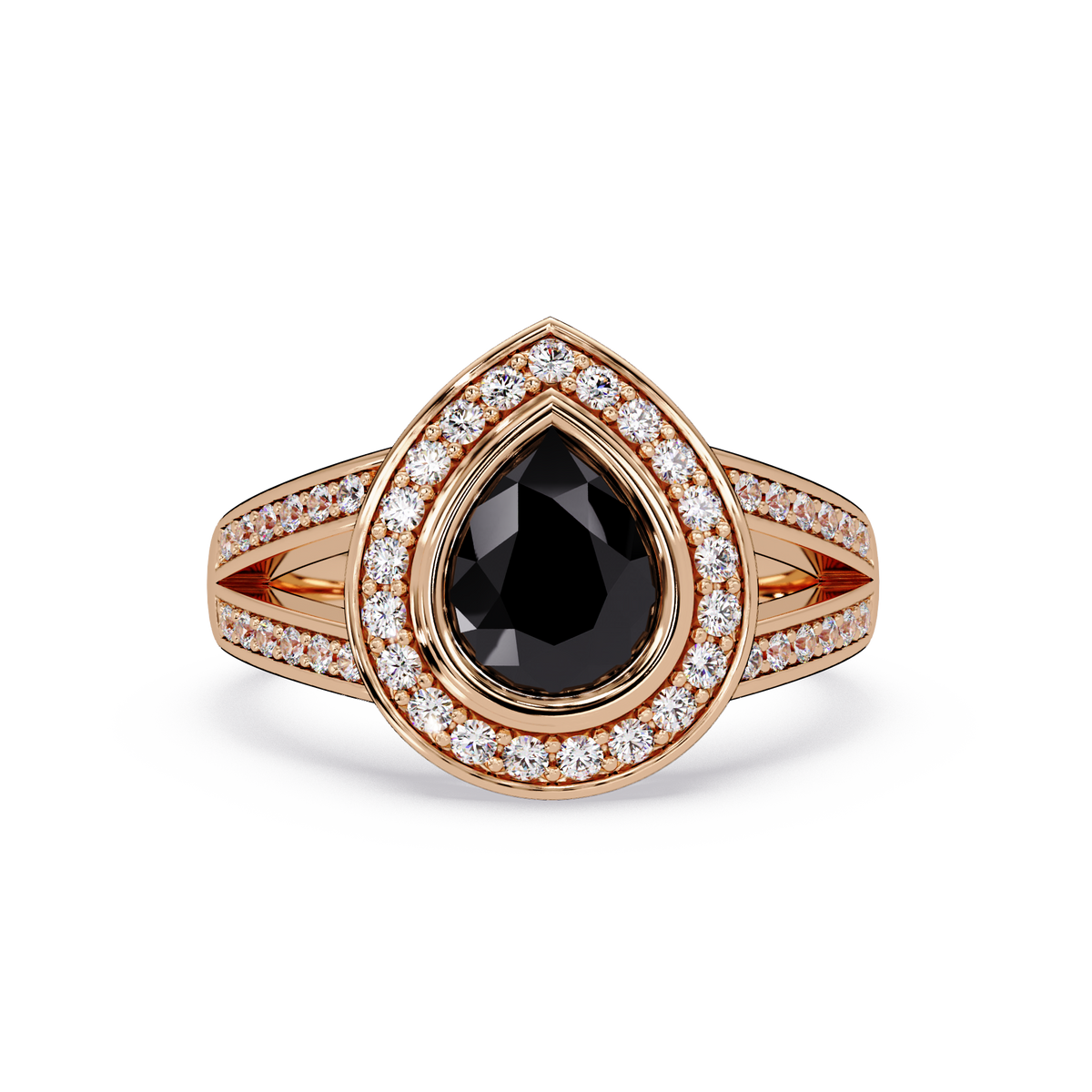 1.1 CTW Pear Halo Split-Shank Pavé Colorstone Ring with Onyx center in 14K Rose Gold – Lunéa Paris