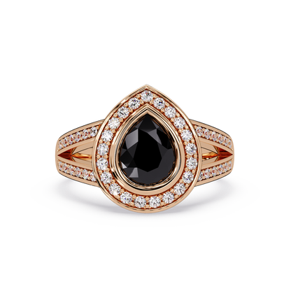1.1 CTW Pear Halo Split-Shank Pavé Colorstone Ring with Onyx center in 14K Rose Gold – Lunéa Paris