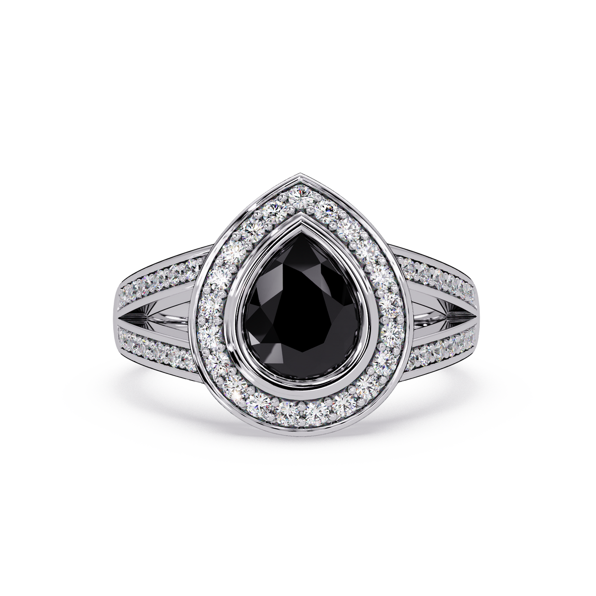 1.1 CTW Pear Halo Split-Shank Pavé Colorstone Ring with Onyx center in 14K White Gold – Lunéa Paris