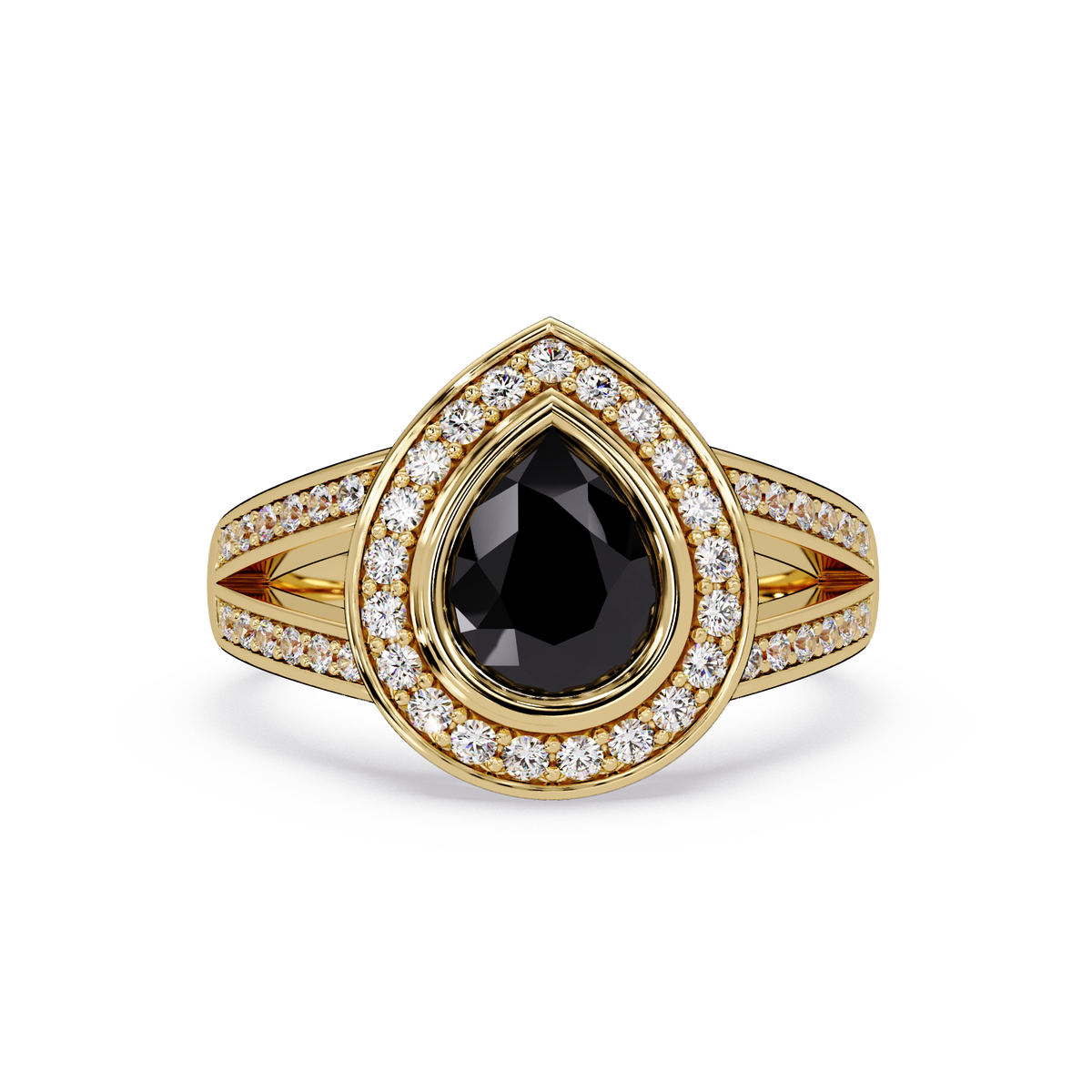 1.1 CTW Pear Halo Split-Shank Pavé Colorstone Ring with Onyx center in 14K Yellow Gold – Lunéa Paris