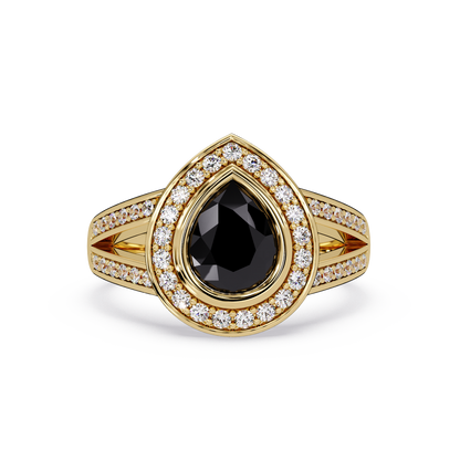 1.1 CTW Pear Halo Split-Shank Colorstone Ring with Onyx center in 14K Yellow Gold – Lunéa Paris