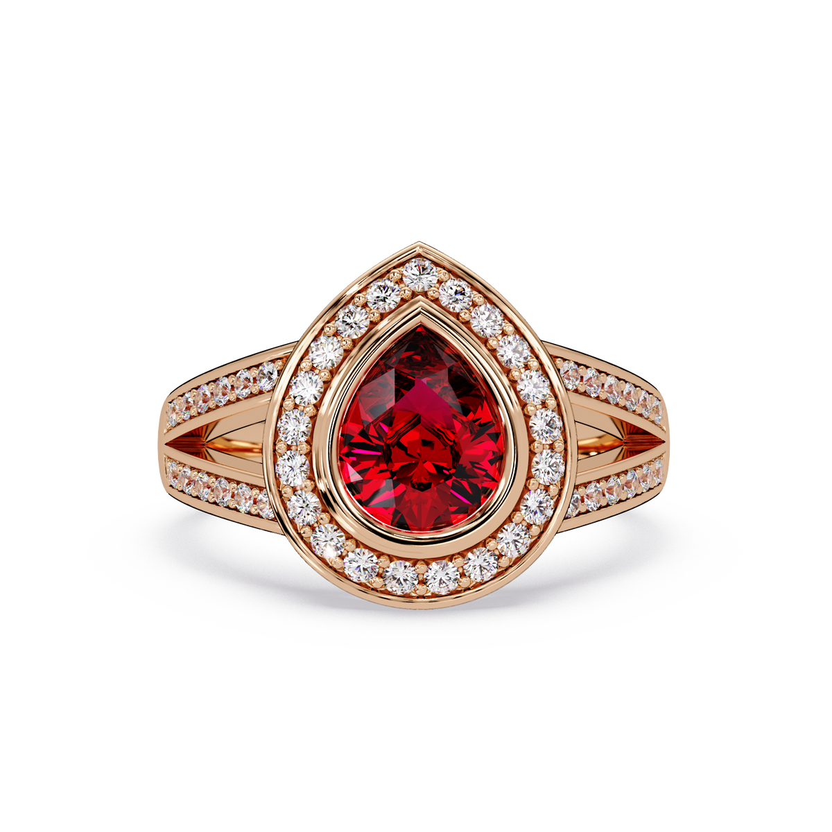 1.1 CTW Pear Halo Split-Shank Pavé Colorstone Ring with Ruby Red center in 14K Rose Gold – Lunéa Paris