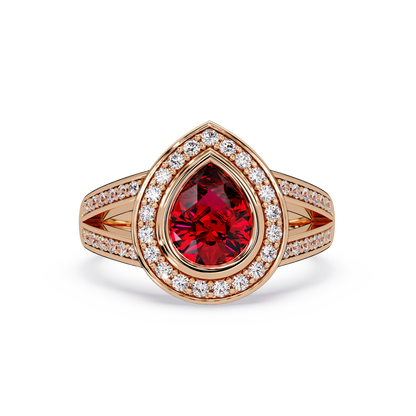 1.1 CTW Pear Halo Split-Shank Pavé Colorstone Ring with Ruby Red center in 14K Rose Gold – Lunéa Paris