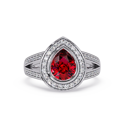 1.1 CTW Pear Halo Split-Shank Pavé Colorstone Ring with Ruby Red center in 14K White Gold – Lunéa Paris
