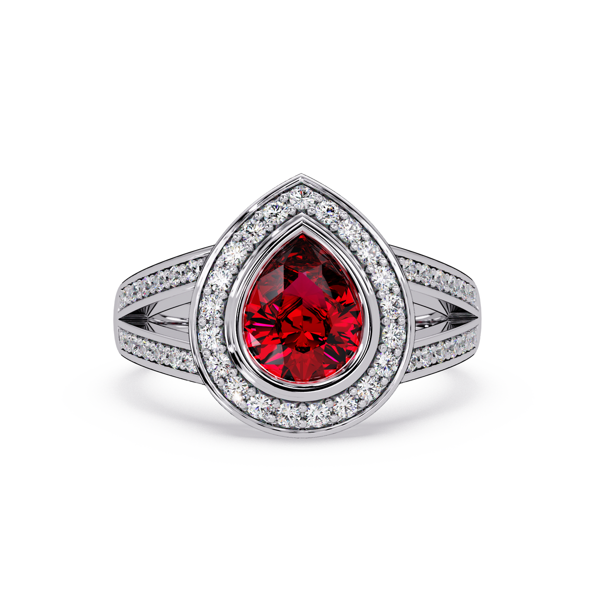1.1 CTW Pear Halo Split-Shank Colorstone Ring with Ruby Red center in 14K White Gold – Lunéa Paris