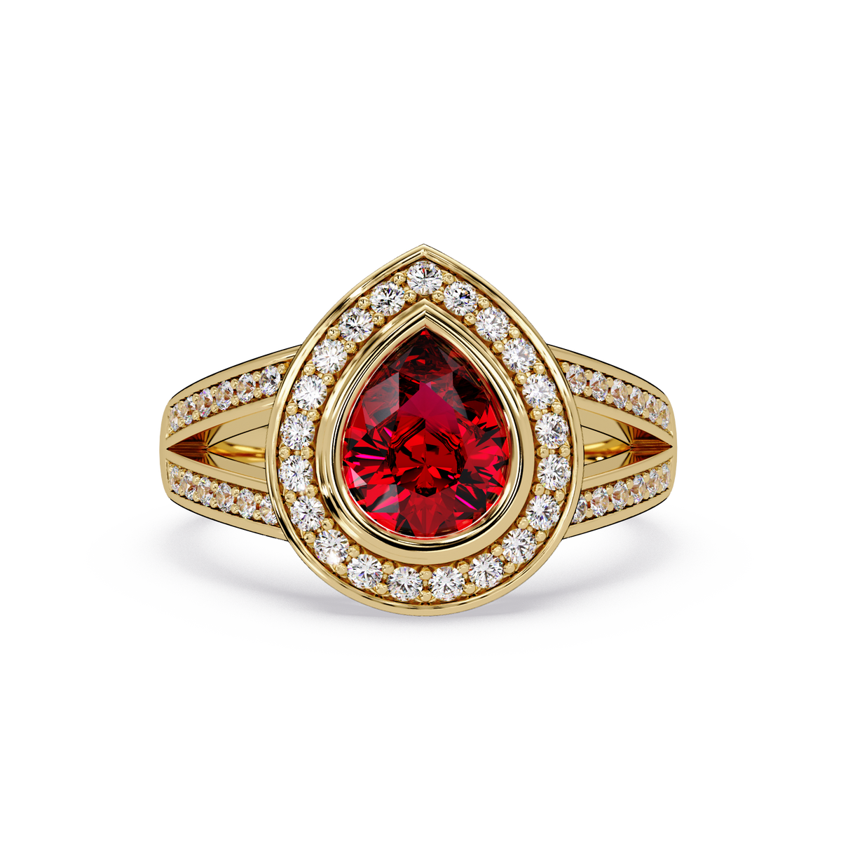1.1 CTW Pear Halo Split-Shank Pavé Colorstone Ring with Ruby Red center in 14K Yellow Gold – Lunéa Paris