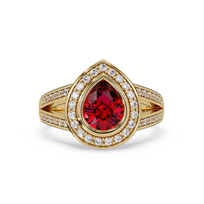 1.1 CTW Pear Halo Split-Shank Pavé Colorstone Ring with Ruby Red center in 14K Yellow Gold – Lunéa Paris
