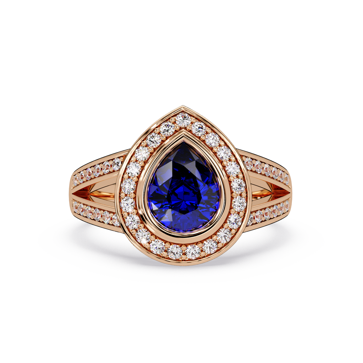 1.1 CTW Pear Halo Split-Shank Pavé Colorstone Ring with Sapphire Blue center in 14K Rose Gold – Lunéa Paris