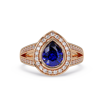 1.1 CTW Pear Halo Split-Shank Pavé Colorstone Ring with Sapphire Blue center in 14K Rose Gold – Lunéa Paris