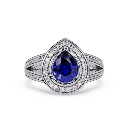 1.1 CTW Pear Halo Split-Shank Pavé Colorstone Ring with Sapphire Blue center in 14K White Gold – Lunéa Paris