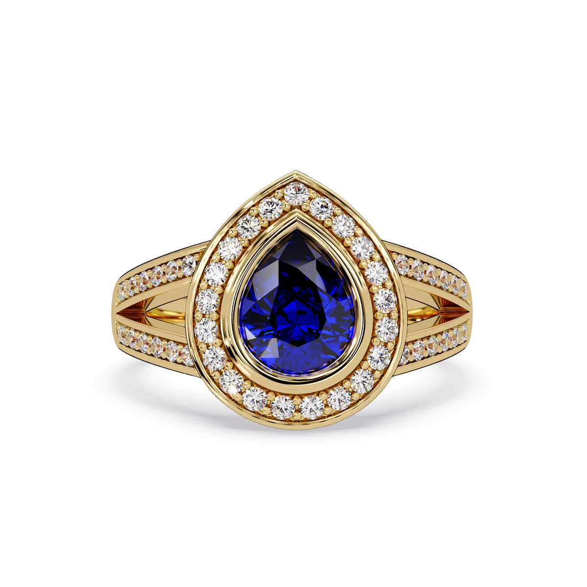 1.1 CTW Pear Halo Split-Shank Pavé Colorstone Ring with Sapphire Blue center in 14K Yellow Gold – Lunéa Paris