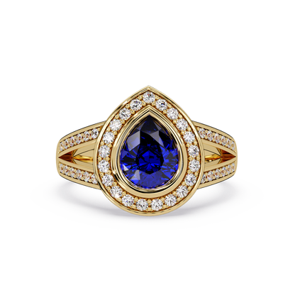 1.1 CTW Pear Halo Split-Shank Colorstone Ring with Sapphire Blue center in 14K Yellow Gold – Lunéa Paris