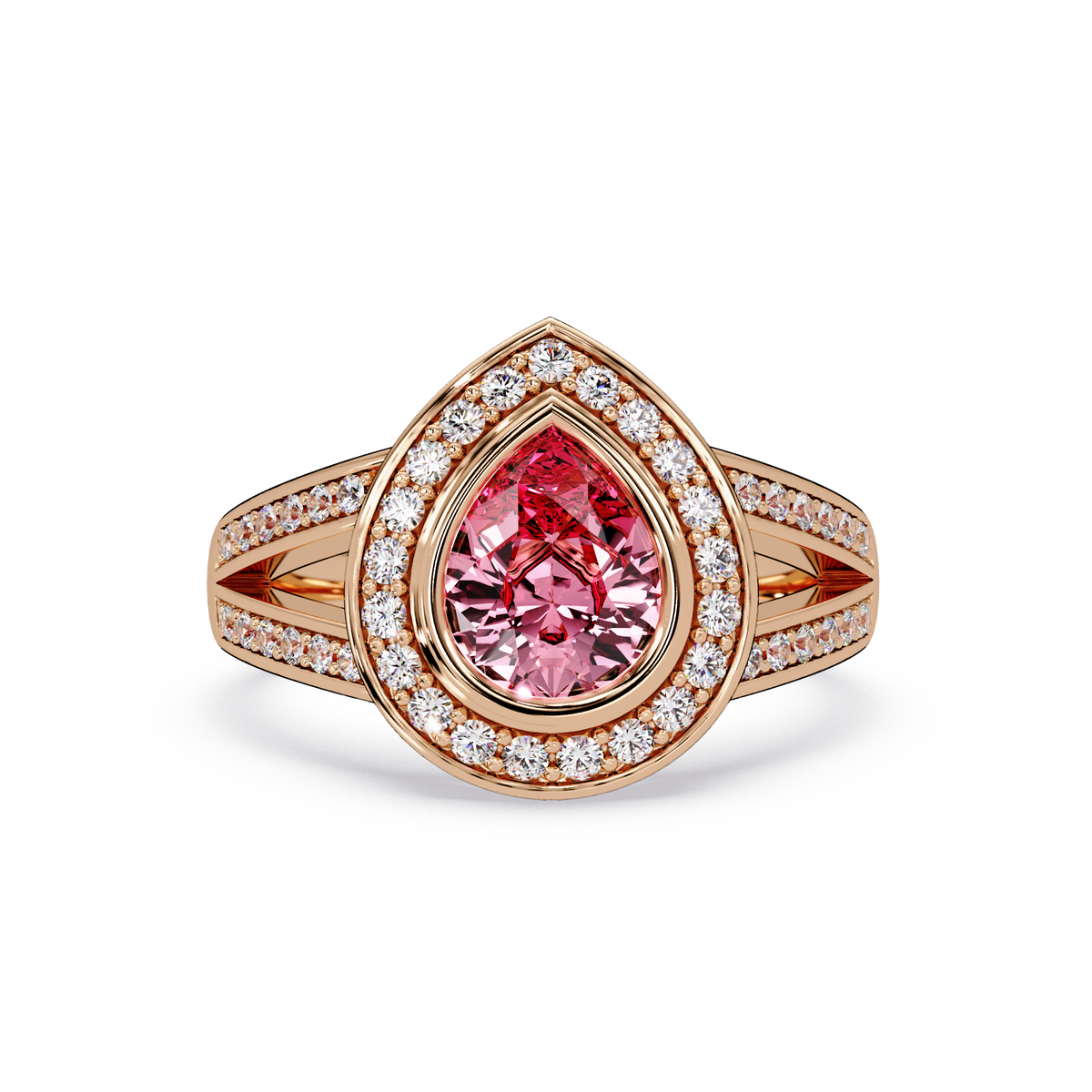 1.1 CTW Pear Halo Split-Shank Pavé Colorstone Ring with Tourmaline Pink center in 14K Rose Gold – Lunéa Paris