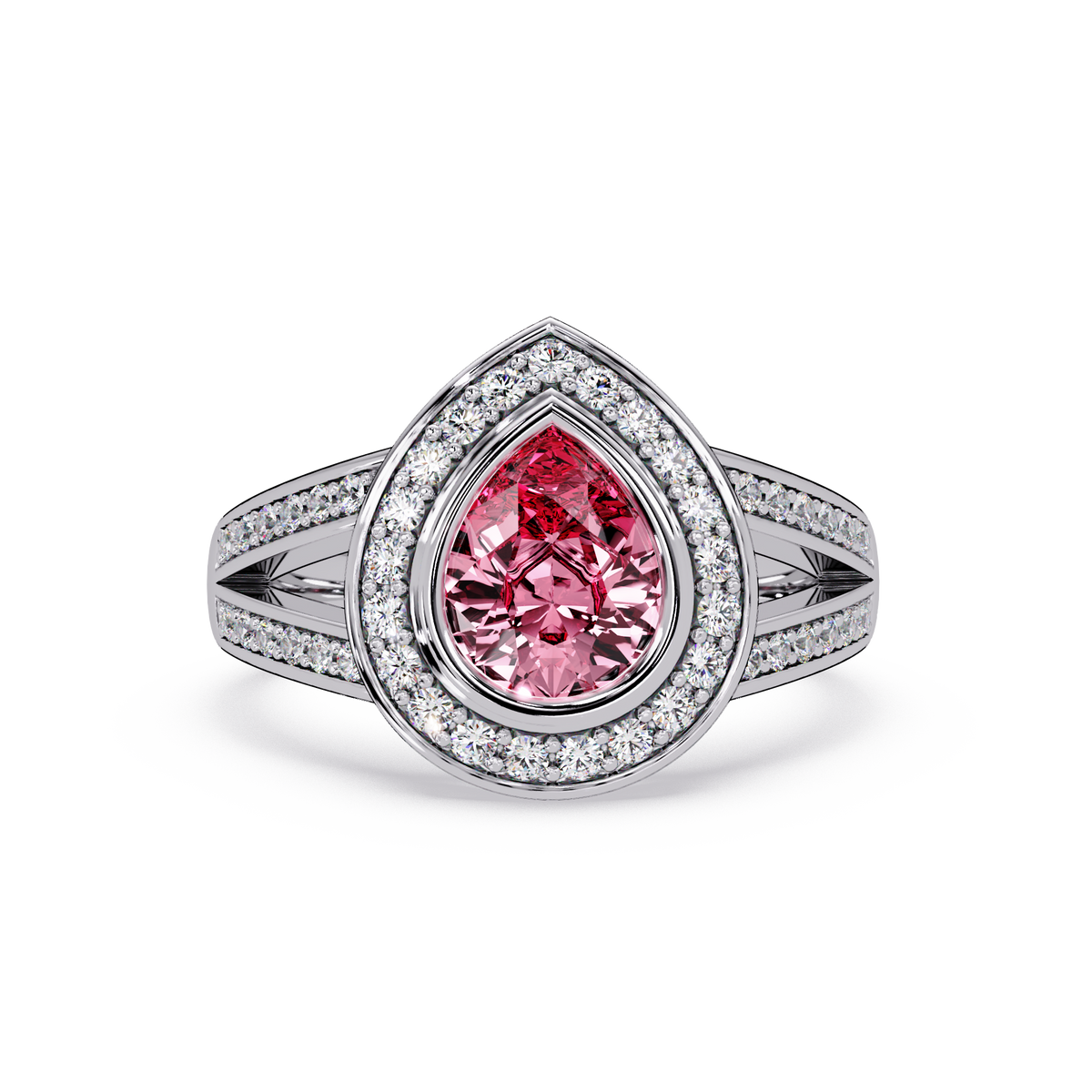 1.1 CTW Pear Halo Split-Shank Pavé Colorstone Ring with Tourmaline Pink center in 14K White Gold – Lunéa Paris