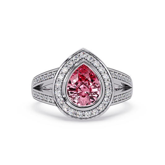 1.1 CTW Pear Halo Split-Shank Pavé Colorstone Ring with Tourmaline Pink center in 14K White Gold – Lunéa Paris