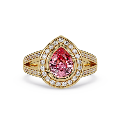 1.1 CTW Pear Halo Split-Shank Pavé Colorstone Ring with Tourmaline Pink center in 14K Yellow Gold – Lunéa Paris