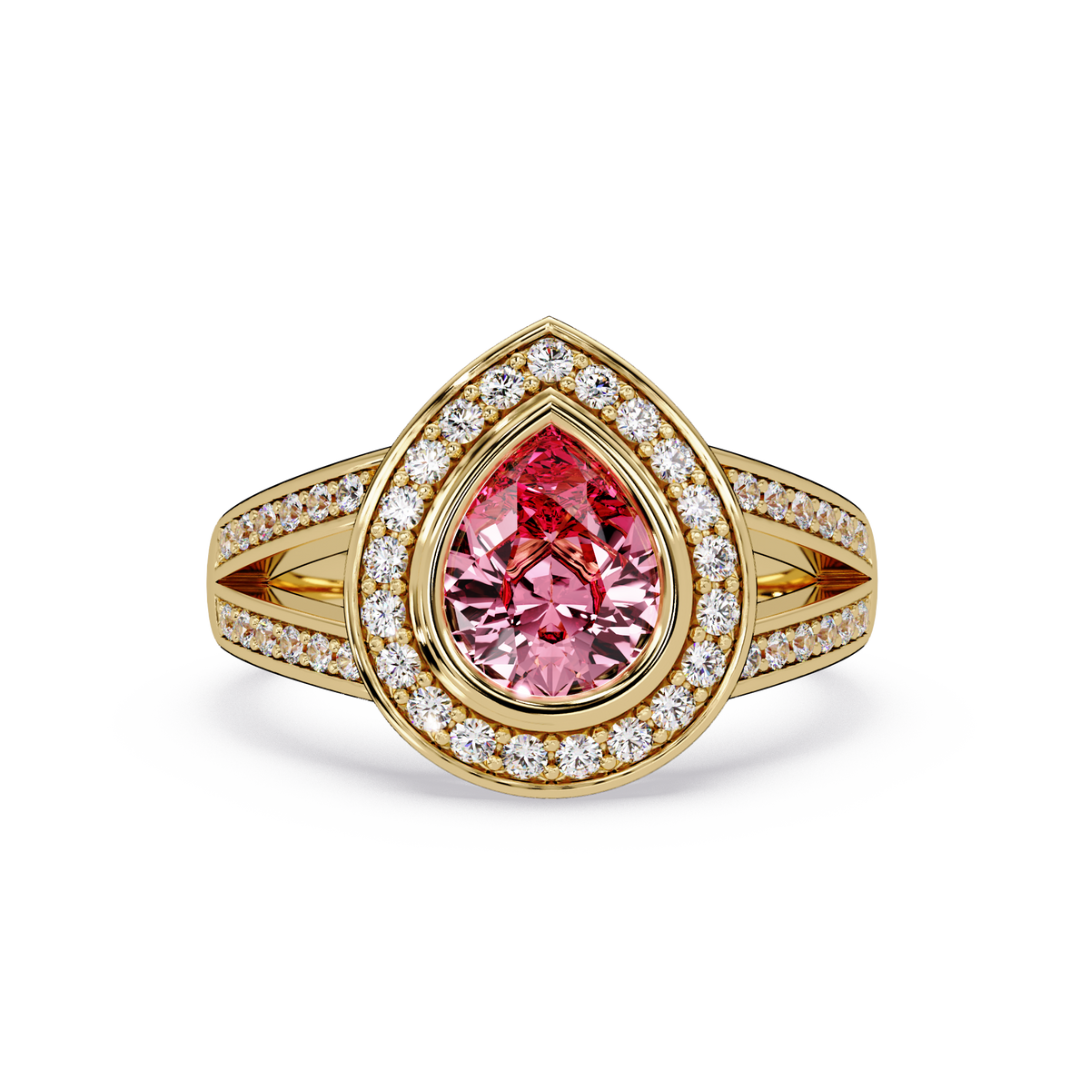 1.1 CTW Pear Halo Split-Shank Colorstone Ring with Tourmaline Pink center in 14K Yellow Gold – Lunéa Paris