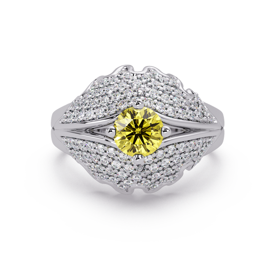 0.9 CTW Round Sculptural Pavé Halo Colorstone Ring with Citrine Yellow center in 14K White Gold – Lunéa Paris