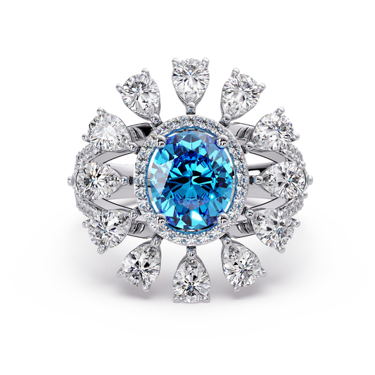 3.2 CTW Oval Pear Sunburst Halo Colorstone Ring with Aquamarine Blue center in 14K White Gold – Lunéa Paris