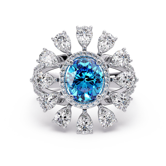 3.2 CTW Oval Pear Sunburst Halo Colorstone Ring with Aquamarine Blue center in 14K White Gold – Lunéa Paris