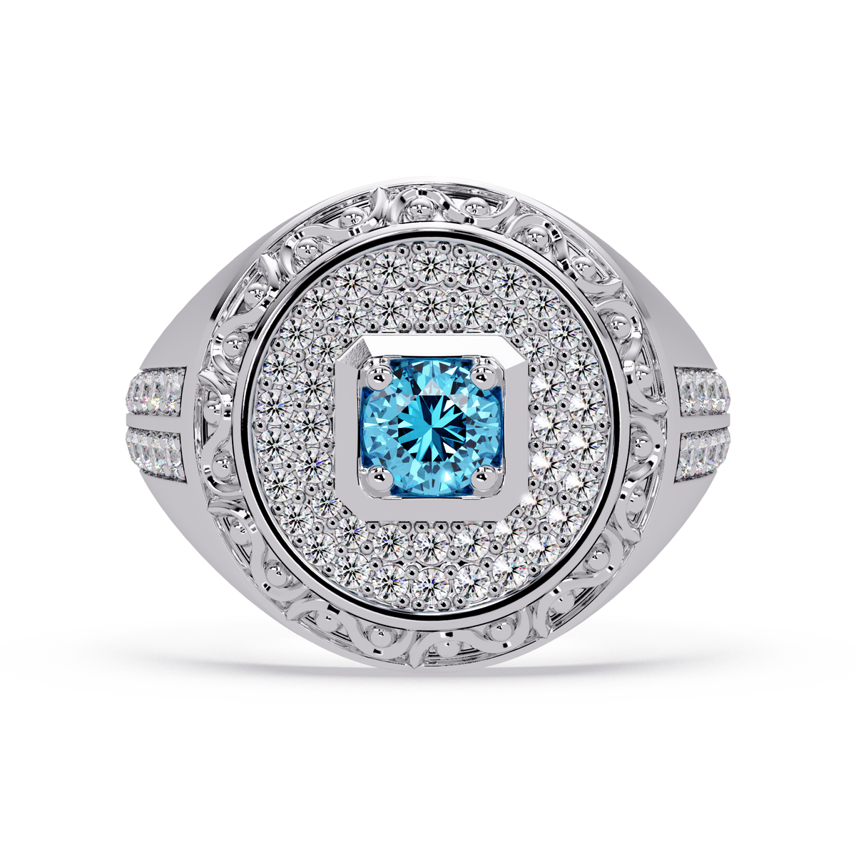 0.8 CTW Signet Men’s Colorstone Ring with Aquamarine Blue in White Gold – Lunéa Paris