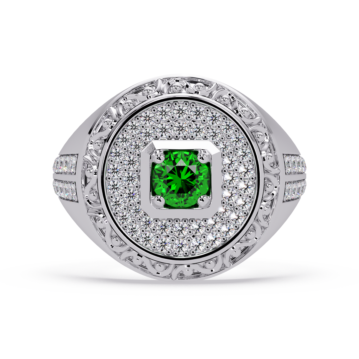 0.8 CTW Signet Men’s Colorstone Ring with Emerald Green in White Gold – Lunéa Paris