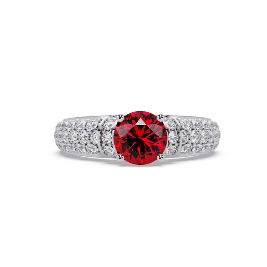 1.8 CTW Round Triple-Row Pavé Colorstone Ring with Ruby Red center in 14K White Gold – Lunéa Paris